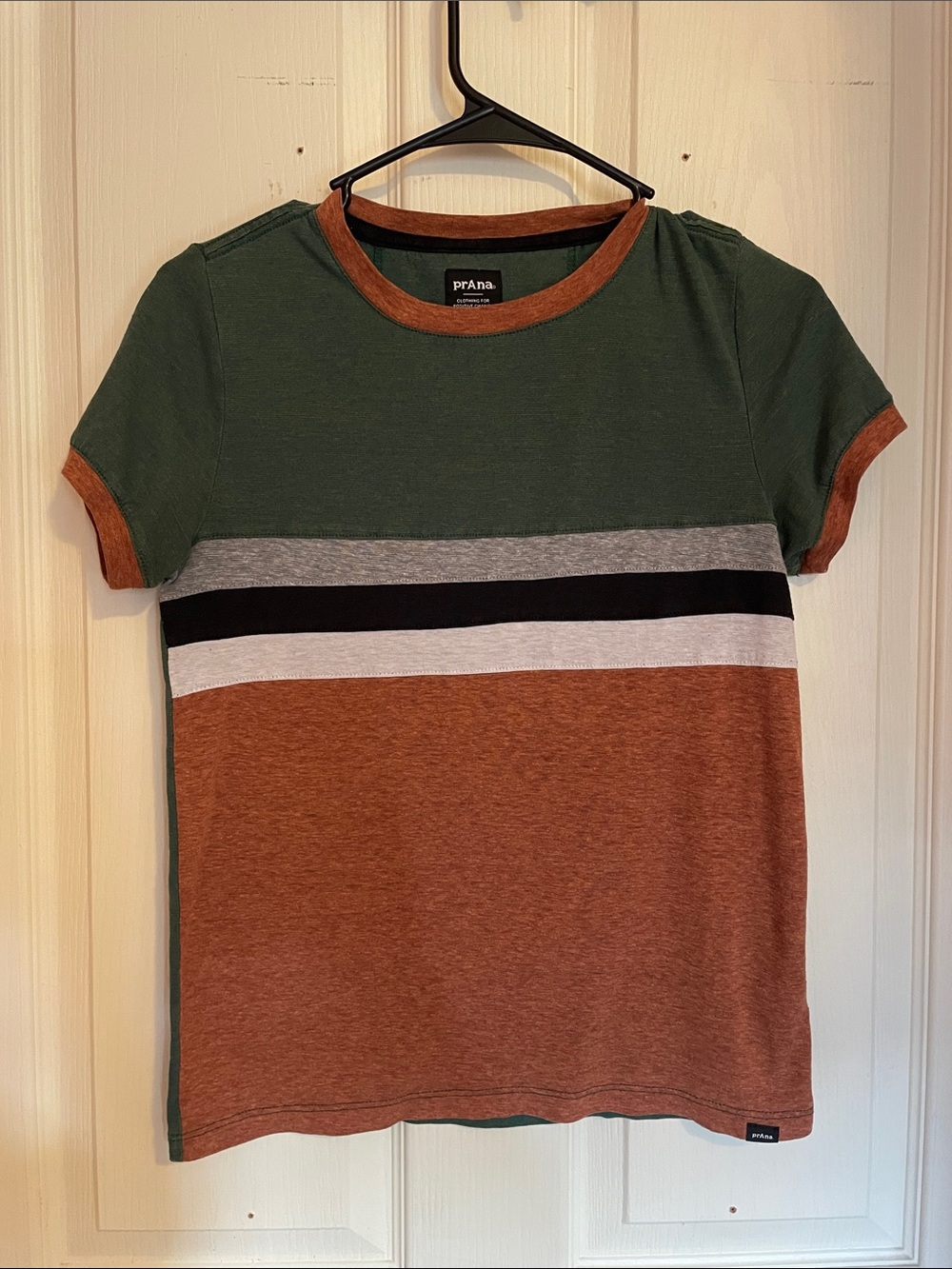 Prana Green, Orange, Black, White & Gray Stripe Short Sleeve Tee
